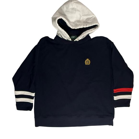 Vintage 90s Lauren Ralph Lauren Navy Hoodie Women’s M Red White Cotton Pullover - Picture 2 of 7
